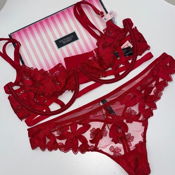 🔥Victoria's Secret Deep Red Floral Lace Bra Set Sz 34D // Large New - Picture 1 of 9